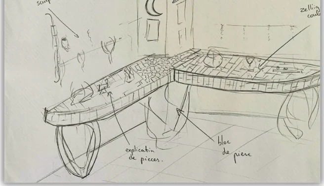 Croquis du mobilier de la boutique : comptoir à plateau en zelliges, pieds sculptés et bloc de pierre