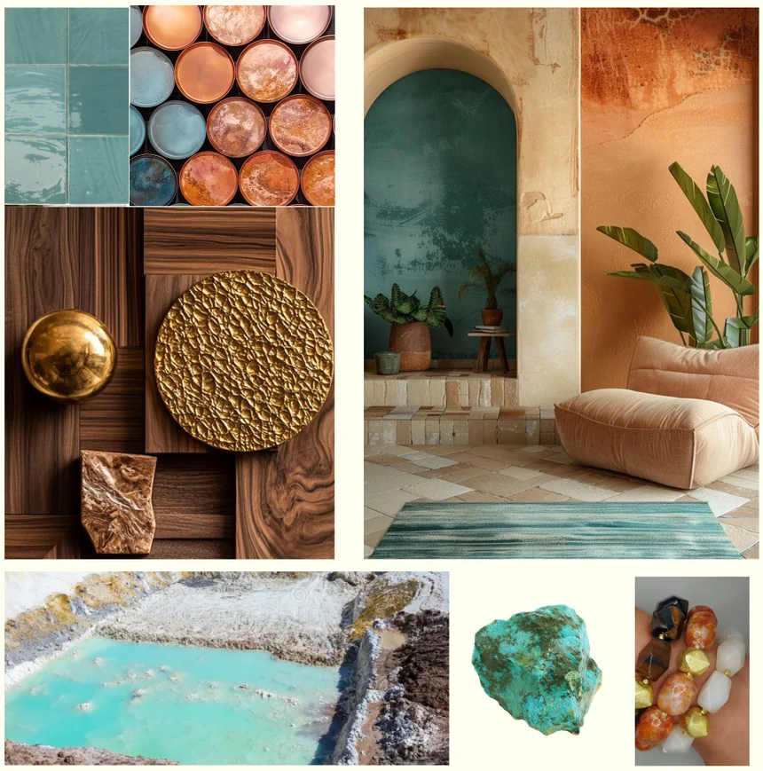 Moodboard de la boutique Nuancée : carreaux turquoise, cuivre, bois sombre, laiton, pierres et bracelets
