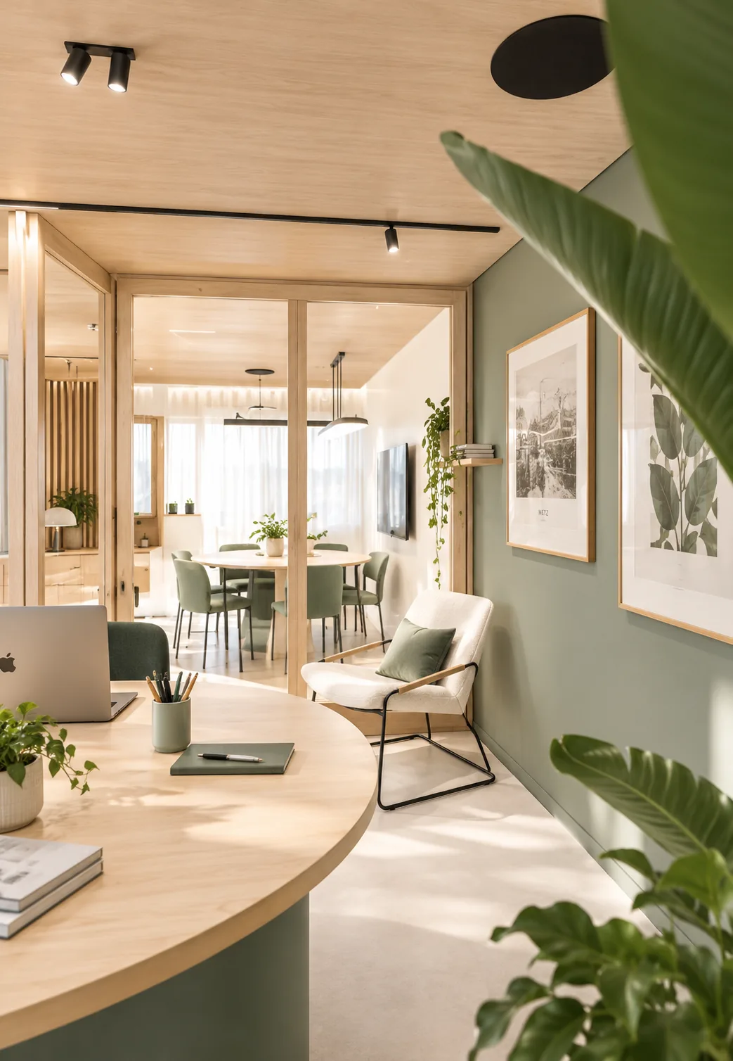Bureau lumineux en bois clair et vert sauge, avec salle de réunion vitrée et plantes
