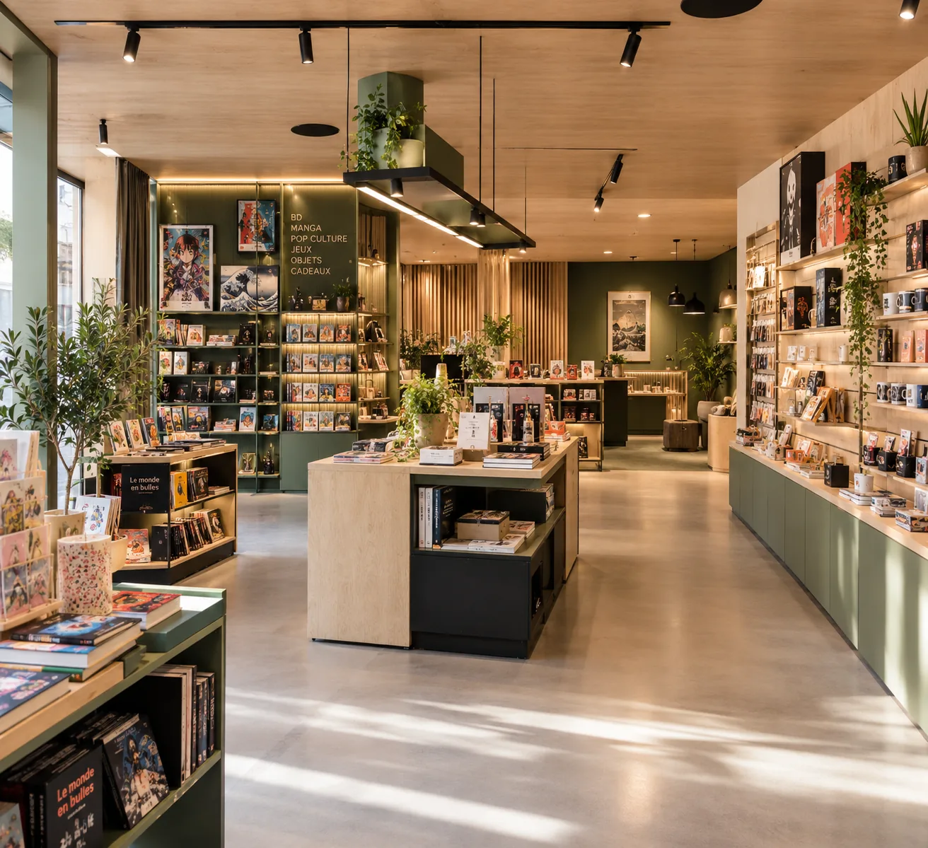 Boutique aux étagères en bois et vert profond, parcours clair et lumière chaleureuse