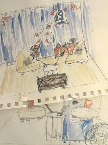 Croquis aquarellé du décor du studio de podcast