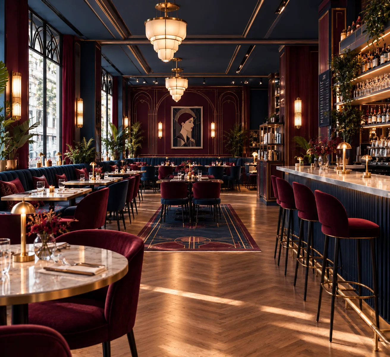 Salle de restaurant élégante aux tons bordeaux et or, lumières suspendues et bar